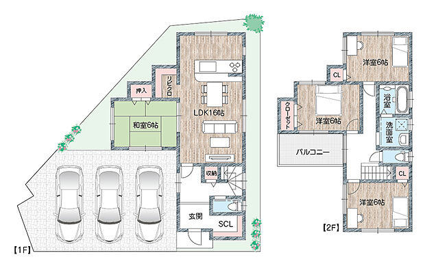 「12号地　間取り」4ＬＤＫ＋リビクロ＋駐車スペース3台
駐車スペース3台は魅力的。
また、2階の廊下から直接バルコニーへと出られる動線はお洗濯物にとても便利。
