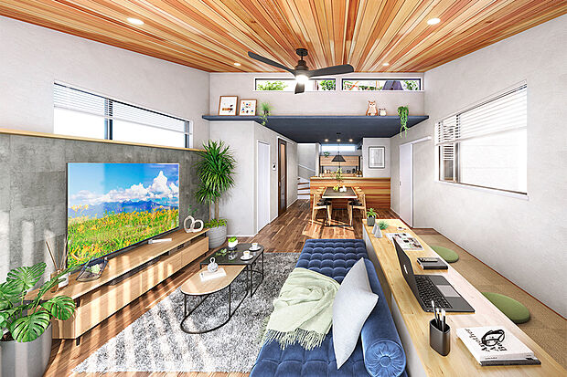 【半個室感覚のスキップフロアのある家】
段差を設けることでリビングと別空間の印象をもたせながら、壁など遮るものがないため家族の温もりも同時に感じられるプランです。※号棟により採用状況が異なります。