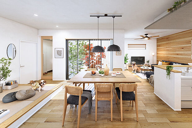 【半個室感覚が魅力の小上がりの空間のあるプラン】
段差を設け、半個室感覚を演出した小上がりの空間。LDKにいる親の目が行き届き、子どもが安心して遊ぶことができます。※号棟により採用状況が異なります。