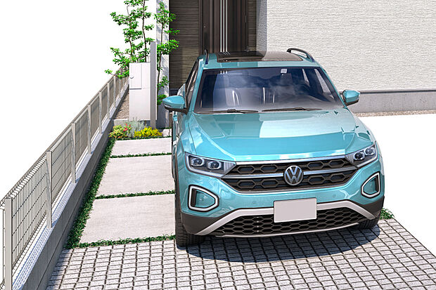 【【カースペース】】通勤通学をはじめ、アクティブな暮らしに便利な車を停められるスペースを確保。カースペースを抱き合わせにすることで、アプローチ部分にゆとりと陽だまりを創出しました。