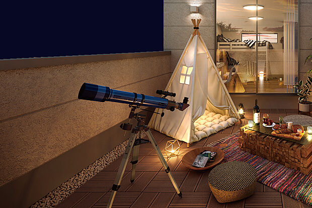 【【グランピングバルコニー】】外の爽やかな風や陽光を堪能できるグランピングバルコニー。バルコニーの擁壁を上げることで外からの視線が気にならないよう計画。空を眺めながら、ゆったりとした時間を楽しめます。