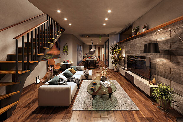 【【デザイン性の高いLDKと外とつながる魅力に溢れた住まい】】スタイリッシュなストリップ階段が映えるLDK。タイルテラスやプライベートバルコニーが外との繋がりを演出します。※号棟により採用状況が異なります。