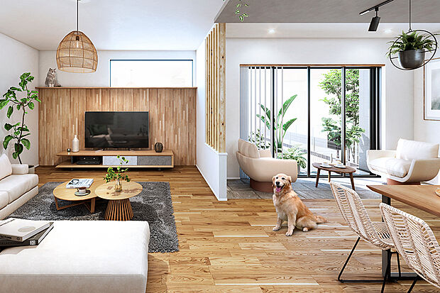 【【WIDE LDK+LOUNGE】】LDKに、タイルテラスと緩やかにつながるラウンジ空間をプラス。窓から光と風を招き入れ、内と外が一体となる開放感を演出します。※号棟により採用状況が異なります。