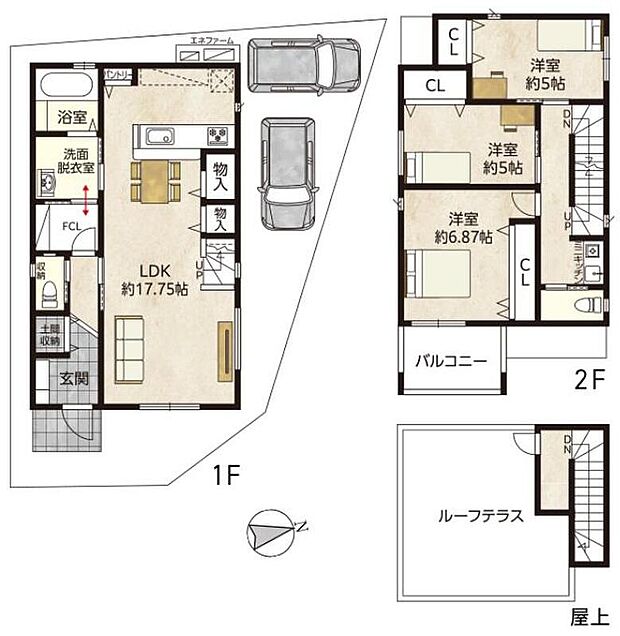 【3LDK】屋上に広々としたルーフテラスを配置。2階にはミニキッチンを設け、軽食やドリンクの準備もスムーズに。土間収納やFCL、パントリーなど豊富な収納も魅力です。