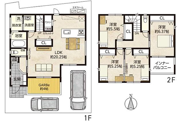 【4LDK】リビングと繋がるガーブを設けた、ゆとりの「4LDK」。2階の洋室(約5.25帖)は可動間仕切り付きで、家族構成やライフスタイルに合わせて自由に空間をアレンジできます。