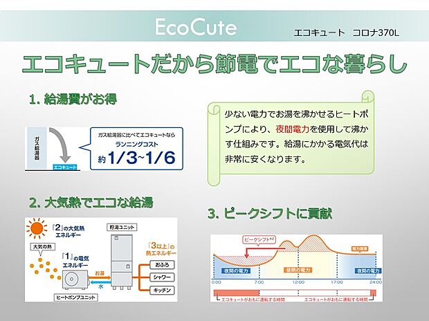 【エコキュート】省エネ性能に優れたコロナのエコキュートを採用。空気の熱を利用して効率よくお湯を沸かすため、光熱費の削減にも貢献します。370Lの大容量で家族全員が安心して使用でき、環境にも家計にもやさしい暮らしを実現。毎日の生活を支える頼もしい設備です。                                  
