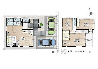19.3帖の広々LDKに、家族の会話が弾むカウンターキッチンを採用。主寝室にはWICと書斎コーナーを備え、くつろぎと使いやすさを両立しました。SICや各居室収納も充実し、並列2台駐車可能な暮らしやすい住まいです。 