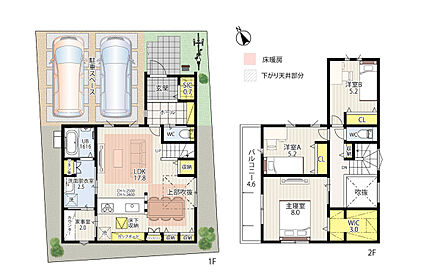 17.8帖のLDKに吹き抜けを設けた、開放感あふれる住まいです。キッチンから家事室や洗面脱衣室へスムーズに移動できる回遊動線を採用しており、毎日の家事を効率よく進められます。 