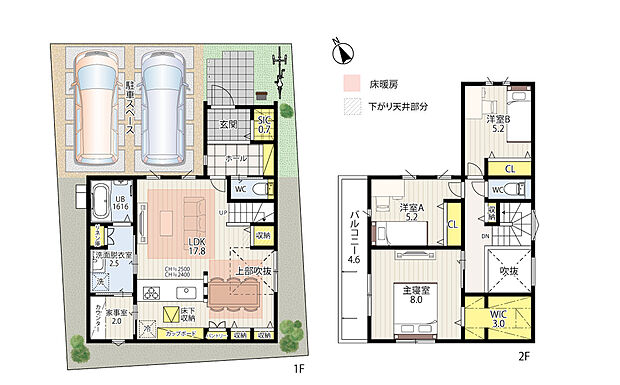 【3LDK】17.8帖のLDKに吹き抜けを設けた、開放感あふれる住まいです。キッチンから家事室や洗面脱衣室へスムーズに移動できる回遊動線を採用しており、毎日の家事を効率よく進められます。