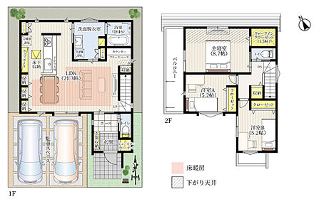 21.3帖の広々としたLDKと、豊富な収納を備えた住まいです。キッチンはぐるりと回れる回遊動線を採用しており、洗面脱衣室へもスムーズに移動できる、家事のしやすい間取りです。 