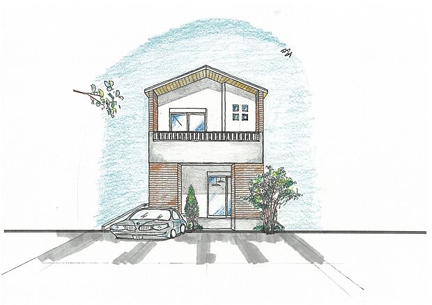 【外観完成予想図/19号地】
長期優良住宅で、ながく安心の暮らしを実現!建物の前には、2台分の駐車スペースを確保。2階の大きなベランダが屋根となり、雨の日も、慌てずに乗り降りできます。