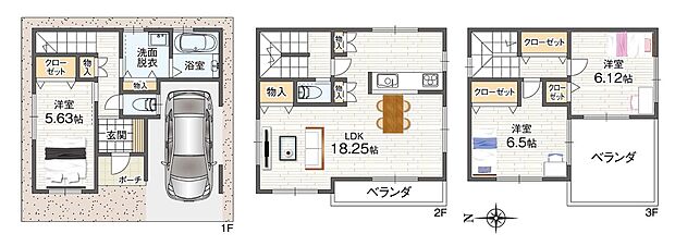 【間取り図】
採光性・プライバシー性に配慮した2階LDKの住まい。4面採光のLDKは、対面式キッチンを採用した約18.25帖の団らん空間。全居室収納付きの間取り。2階と3階にベランダを配置しています。