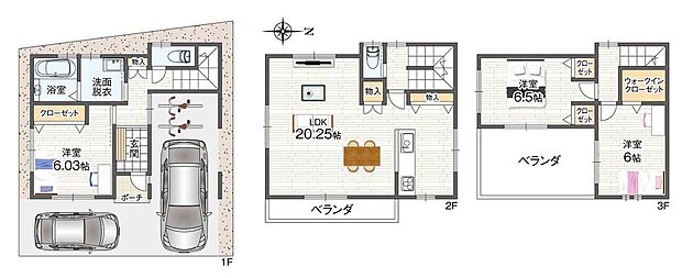 LDKはゆとりのある約20.25帖を確保。4面採光・2階リビングの間取りを採用した建物プラン。2台分のカースペースも検討可能です(車種による)。