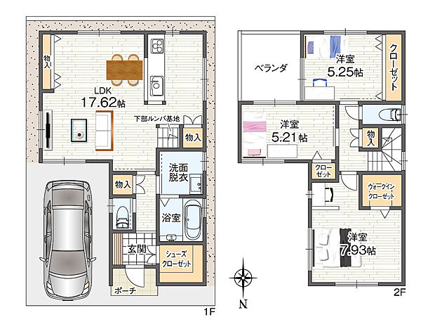 【建物プラン例/1号地モデルハウス】
全居室収納に加え、各階の廊下にも物入を配置した収納充実の間取りプラン♪約17.62帖のLDKは4面採光を確保しました!カースペース1台分付き(車種による)。