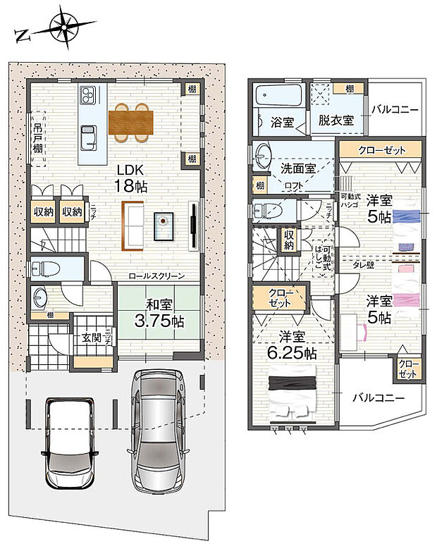【3LDK】約18帖のLDK隣には小上がりの和室付きです。2階にはロフトや小屋裏収納があり、たくさんのお荷物がスッキリと収まるお家です。