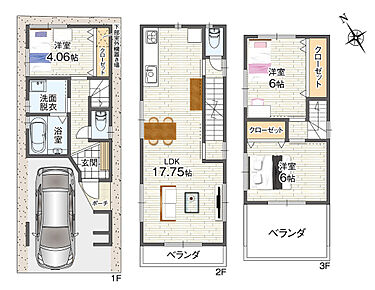 2階に約17.25帖のLDKを配置し、採光やプライバシーに配慮した3LDKの間取り。全居室に収納があり、スッキリとした住まいを実現！駐車スペース1台分あり(車種制限あり)。 