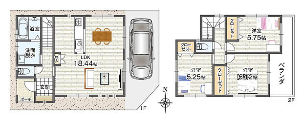 建物価格1970万円、建物面積83.52m2、LDKには扉付きの物入付き。2階の全洋室にもそれぞれ収納があり、随所でお荷物が管理できます。
