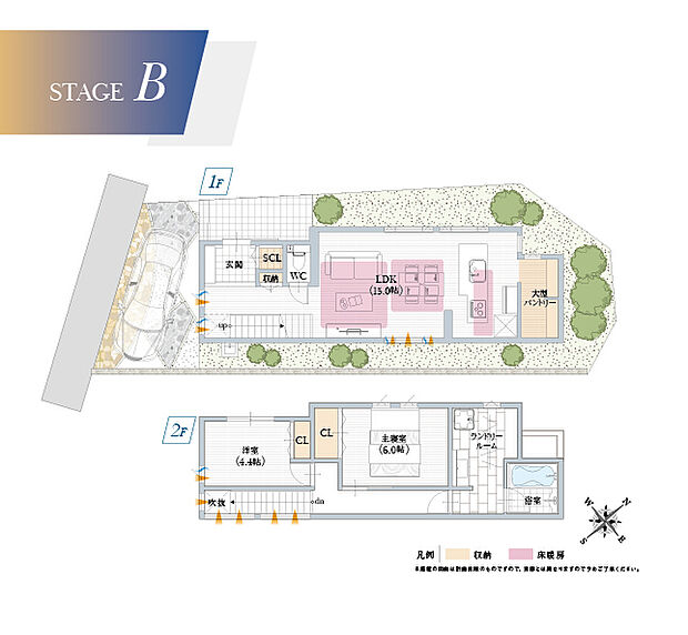 【【B号地参考プラン】】大型パントリーはキッチン用品や掃除用具の収納にも役立ちます。さらにランドリールームもあり、ママに嬉しい家事ラクプランです。
建物面積:78.25m2