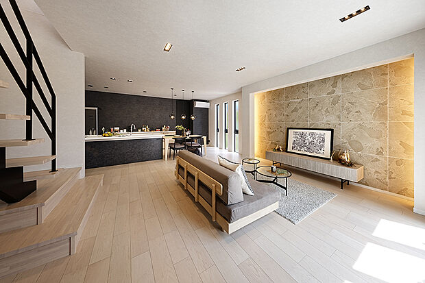 【【弊社施工例/LDK】】ライティングが印象的なリビング空間。明るいカラーでまとめた中に、ブラックのアクセントが効いてより洗練された雰囲気に。