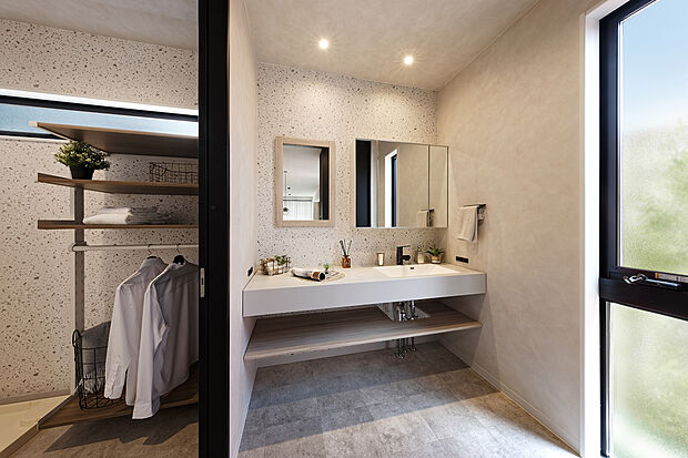 【【弊社施工例／洗面室_ランドリールーム】】大きな窓から光が差し込み、明るく清潔感溢れる洗面室。脱衣室と分けられているので、使い分けが出来て◎