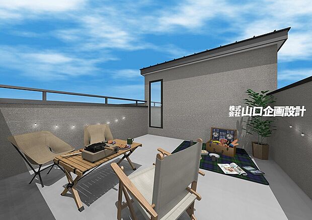 周囲の視線を気にせず青空や星空を楽しむプライベート空間！ アウトドアリビングとしてもご利用頂けます♪※図面を基に描いたもので実際とは多少異なります。家具・調度品は含まず／A号棟完成予想図