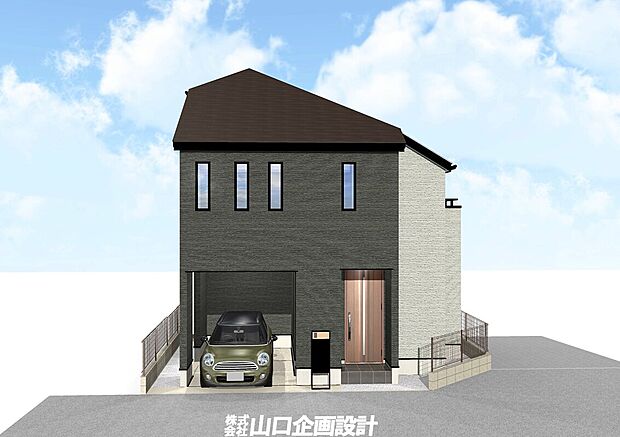 完成予想図　完成予想図　横に並ぶ縦長のサッシが印象的なスタイリッシュな外観。木目調の玄関ドアが重厚感と温かみを演出、親しみやすい印象です。　※図面を基に描いたもので実際とは異なります。