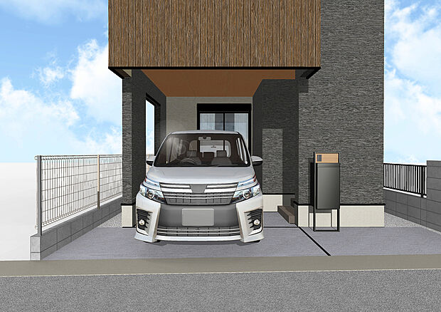 【完成予想図　カースペース】ビルトインガレージ。雨の日は雨に濡れずに乗り降りが出来ます。車庫北側の洋室は掃き出し窓の為玄関から搬入しにくい物はこちらから搬入出来ますね。　※図面を基に描いたもので実際とは異なります。