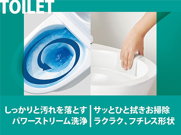 【建物標準仕様　シャワートイレ】超節水トイレ。パワーストリーム洗浄/強力な水流が便器内の隅々まで回り少ない水でもしっかり汚れを洗い流します。フチレス形状/フチをなくし、サッとひと拭き、お掃除楽々。アクアセラミック/汚れや水垢が付きにくく、お掃除簡単。キレイ便座/継ぎ目がないので、便座裏の汚れもサッとひと拭き、お掃除楽々ですね。