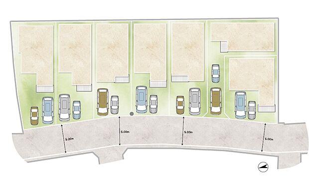 【全体区画図】
全7区画の新たな街並みが誕生!各区画、2台分の駐車スペースを確保(車種による)。西側前面道路の幅員は約5.0mです。