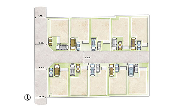 【全体区画図】
前面道路の幅員は約4.6m～約5.0m。設計プランの自由度が高い整形地など、全10区画の新しい街並みが誕生。◆12号地モデルハウス完成！ぜひ現地で室内の雰囲気をお確かめください◆