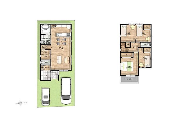 【4LDK】【間取り図/5号地モデルハウス】
水回りを集約した家事動線がスムーズな間取り設計。LDKに隣接するフリールームは、収納やワークスペースとしても活用可能です◎