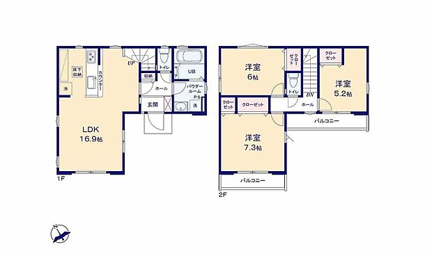 【3LDK】リビング3面採光&全居室2面採光の明るい間取り♪居室を2階にまとめ、プライベート時間もしっかり確保♪全居室収納完備でお部屋スッキリ!日当たり良好♪南面バルコニー♪