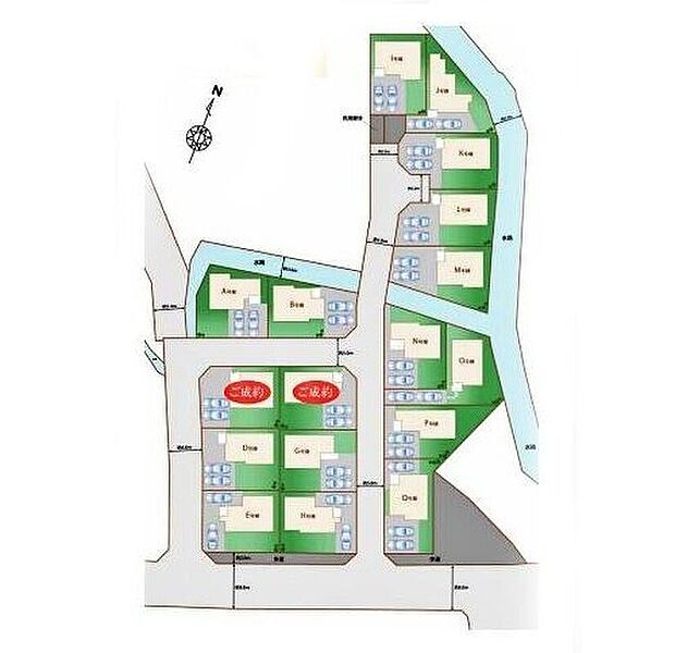 【全体区画図】各棟、個性を持たせたカラーバリエーション。きっと、お好みのお住まいが見つかります！ゆとりの配棟感覚。全棟に陽当たりが確保されるように配慮♪