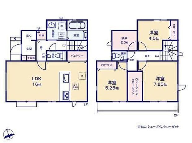 【3LDK+S】◇WICやSICは収納力が良いだけではなく物の出し入れがらくらく♪◇見通しの良いLDKには食品もたっぷりしまえるパントリー付き♪◇収納以外に書斎やテレワークルームとしても使いやすい2.5帖の納戸◎