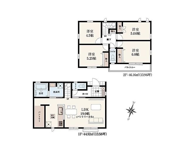 【4LDK】◇ご家族を見守りながらお料理が作れる対面式キッチン♪◇キッチン奥に大型パントリー完備!まとめ買い時も安心です♪◇家事効率がUPする水回り集中設計!調理の合間にサッと洗濯を回せます♪