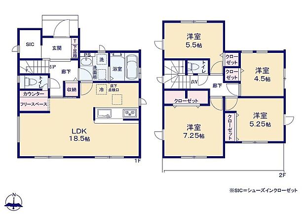 【4LDK】広々18.5帖のLDK！1.5帖のフリースペース付き♪2階に4部屋をまとめることで、ご家族それぞれのプライベートも大切に!1.5帖のシューズインクローゼットも完備♪お客様を迎える玄関をいつもスッキリ♪