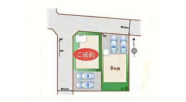 【全体区画図】2台を並列駐車できるゆとりあるカースペース♪
角地なので明るく開放感に溢れた好立地です!お車の出し入れもラクラク♪