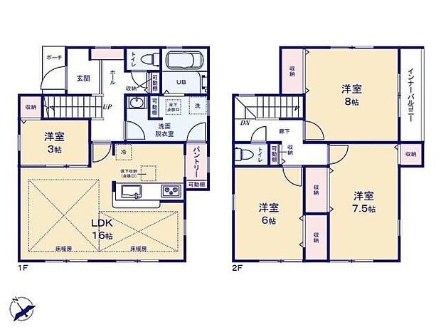 【4LDK】回遊導線＋洗濯置き場と洗面台を離した設計で、朝の身支度や洗濯導線が家族と重ならず快適♪
作業部屋やプレイルームなど用途自在の使い勝手の良い1階洋室♪
急な雨でも安心感のあるインナーバルコニー♪