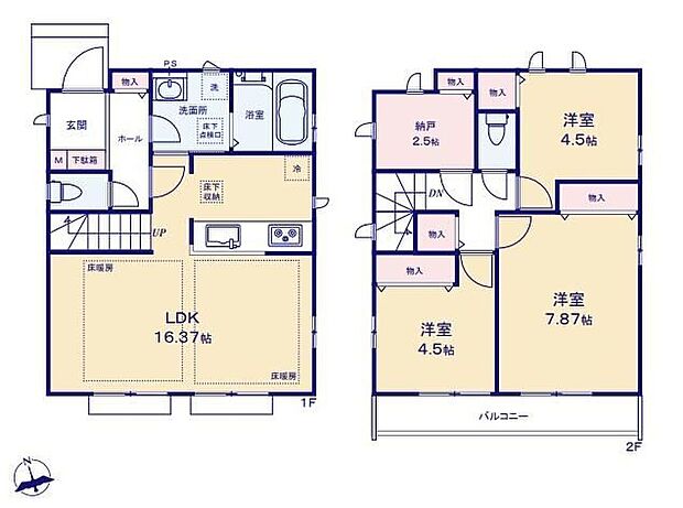 【3LDK+S】収納充実♪家事動線良好な間取♪
2階にあるフリールームは窓・収納付きなので、趣味のスペースやワークスペースなど、自由にお使い頂けます！