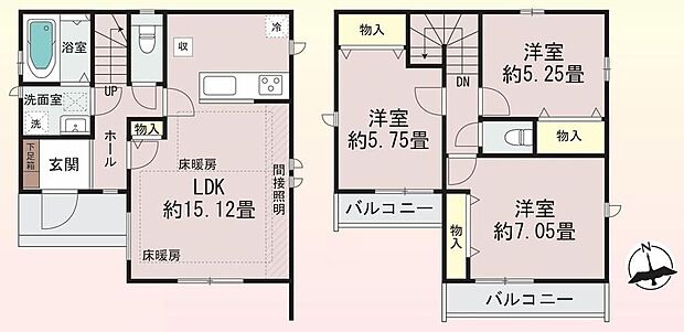 【3LDK】◇LDK15帖超！床暖房付き♪食洗機完備の対面式キッチン採用♪◇居室を2階に集約し、プライバシーにも配慮した間取りプラン！◇南向きのバルコニーは2ヶ所に設置☆お洗濯はもちろんベランダ菜園にも最適です♪
