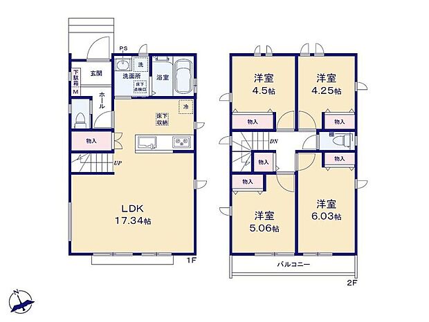 【4LDK】◆水周り集中設計で家事動線がスムーズです◎
◆リビングイン階段でご家族のコミュニケーションが増える間取り♪
◆全居室収納完備でお部屋を広々とお使いいただけます!