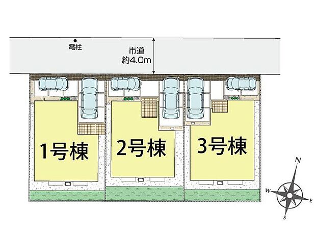【全体区画図】前面道路は車通りが多くないので、お車の出し入れもラクラクです♪カースペース２台分ございますので、家族分の自転車を駐輪したり、来客用の駐車スペースとしてもお使いいただけます。