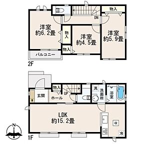 LDK15.2帖には会話が弾む対面式キッチン採用！水回りを集約した家事ラク動線♪
全居室南西向きで午後まで陽光が差し込む明るい空間◎
ホール収納は日用品や外で使うものなど用途に合わせて収納できて便利♪ 