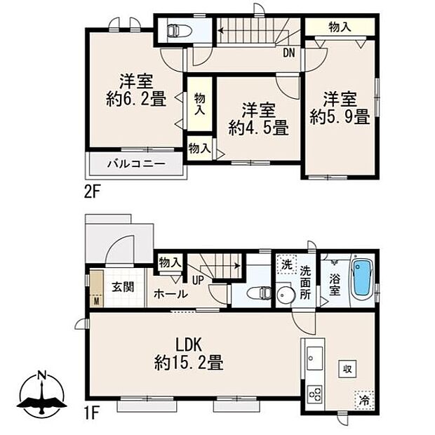 【3LDK】LDK15.2帖には会話が弾む対面式キッチン採用!水回りを集約した家事ラク動線♪
全居室南西向きで午後まで陽光が差し込む明るい空間◎
ホール収納は日用品や外で使うものなど用途に合わせて収納できて便利♪