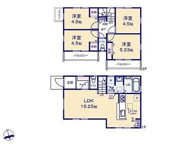 【4LDK】◇リビング16帖♪4LDK☆洋室を2階に集約し、プライバシーにも配慮した間取りプラン♪
◇家族とのコミュニケーションを育むリビングイン階段採用♪
◇雨の日にも大活躍な浴室乾燥機付き!