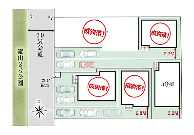 ≪全体区画図≫
奥行きのある広々南庭付きプラン有♪
駐車2～3台可能（号棟・車種による）！急な来客時や、ご家族の自転車スペースとしても大活躍♪
