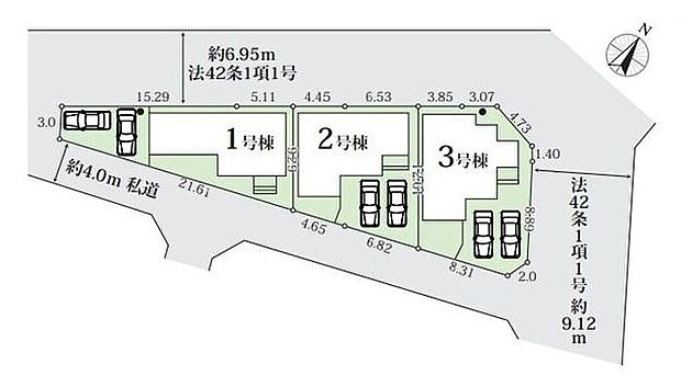 ≪全体区画図≫
両面道路で解放感！陽当たり良好♪
駐車2台可能（車種による）！急な来客時や、ご家族の自転車スペースとしても大活躍♪