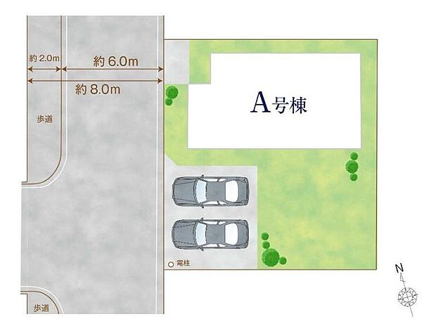 ≪全体区画図≫
駐車2台可能（車種による）！急な来客時や、ご家族の自転車スペースとしても大活躍♪
前面道路が広いので、駐車もラクラク！