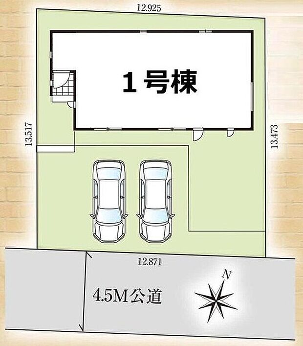 ≪全体区画図≫
陽当りの良い南前面道路！
駐車2台可能（車種による）！急な来客時や、ご家族の自転車スペースとしても大活躍♪