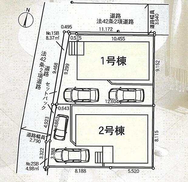 ≪全体区画図≫
明るい南向き、開放感のある角地！
駐車2台可能（車種による）！急な来客時や、ご家族の自転車スペースとしても大活躍♪